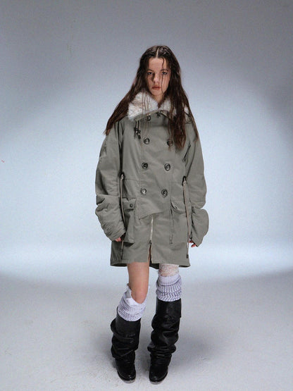 DoublePunch_need_upload Warm Cotton Mid Length Zipper Pockets Raglan Sleeves Vintage Workwear Women Coat