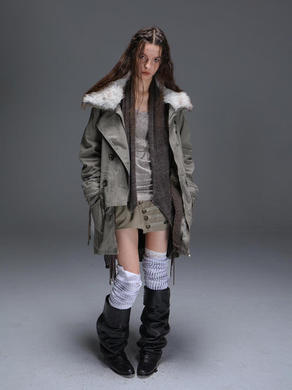 DoublePunch_need_upload Warm Cotton Mid Length Zipper Pockets Raglan Sleeves Vintage Workwear Women Coat