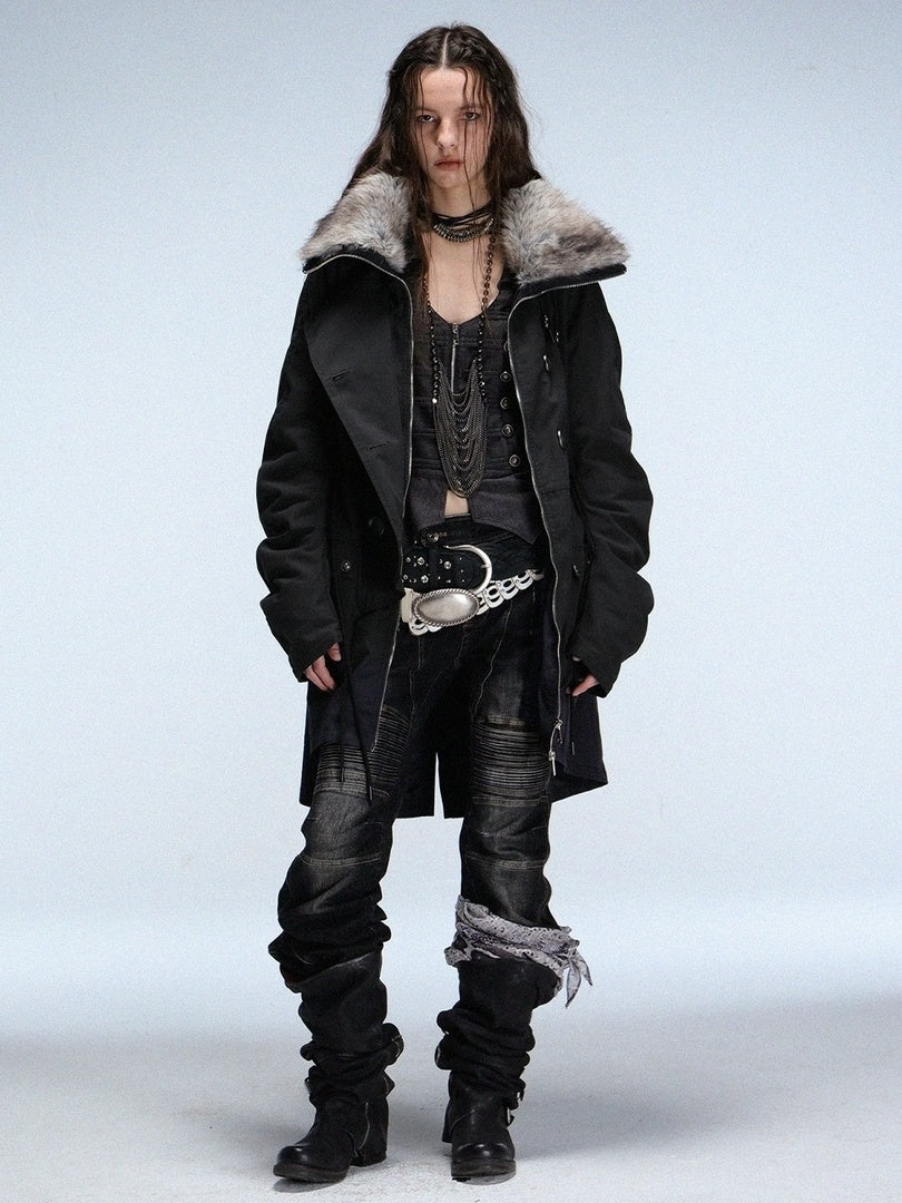 DoublePunch_need_upload Warm Cotton Mid Length Zipper Pockets Raglan Sleeves Vintage Workwear Women Coat