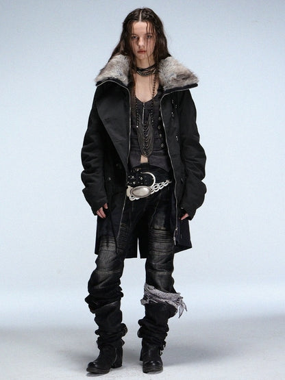 DoublePunch_need_upload Warm Cotton Mid Length Zipper Pockets Raglan Sleeves Vintage Workwear Women Coat