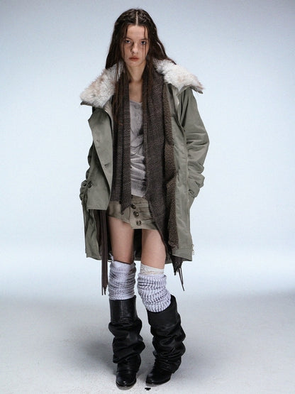 DoublePunch_need_upload Warm Cotton Mid Length Zipper Pockets Raglan Sleeves Vintage Workwear Women Coat