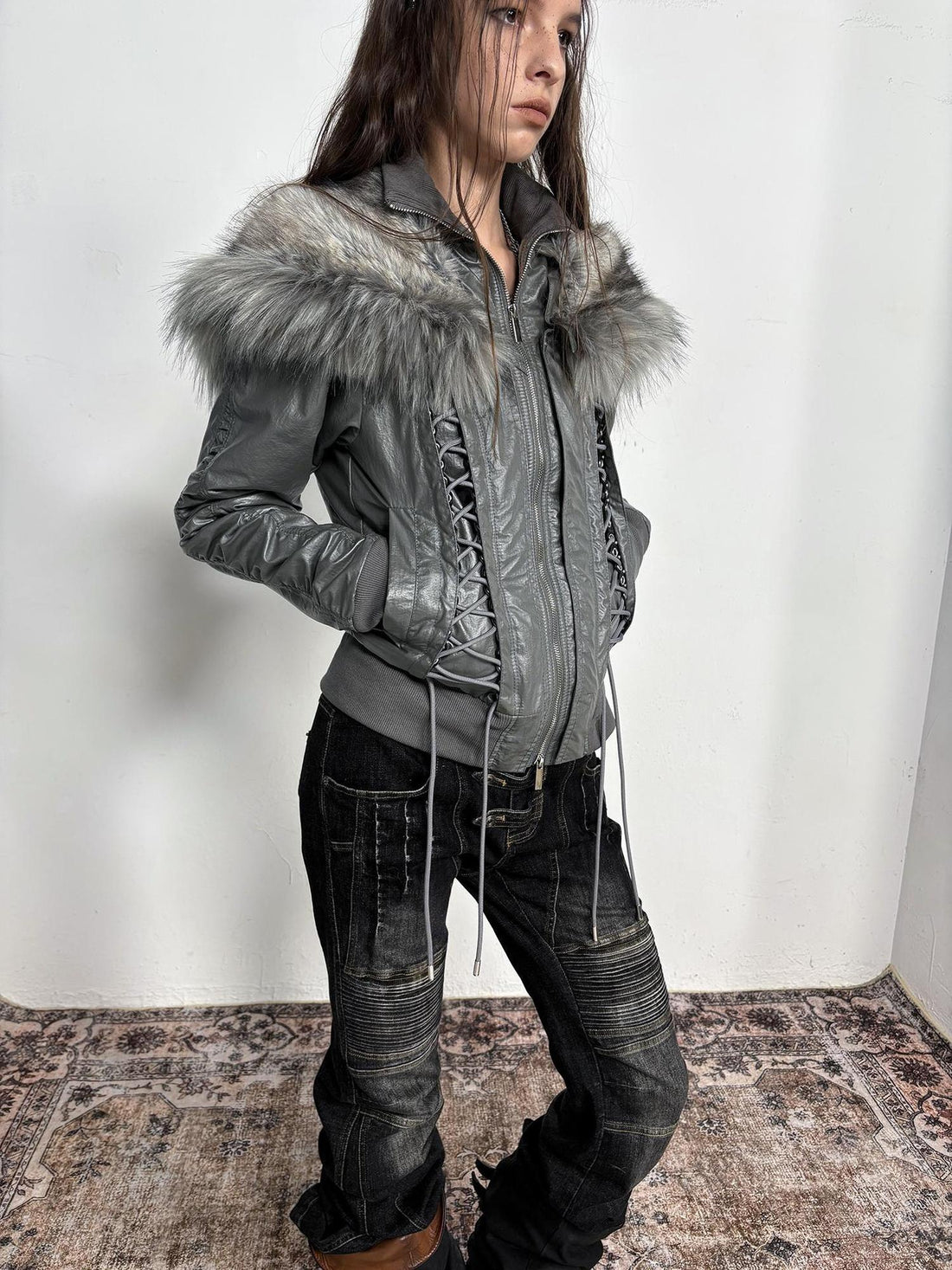 DoublePunch_need_upload Warm Padded Fur Collar Hooded Vintage Cropped Women Polyester Zip Jacket