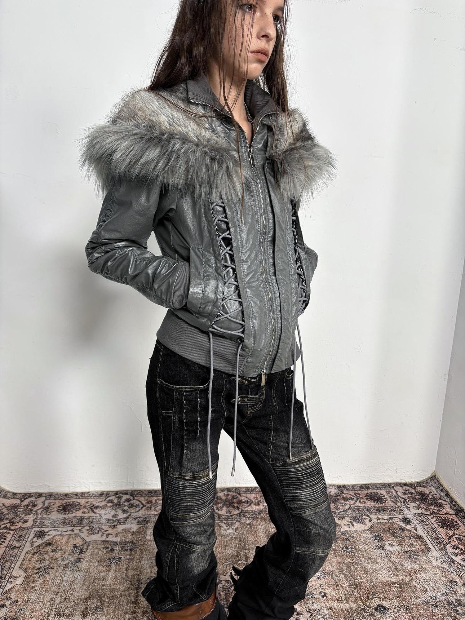 DoublePunch_need_upload Warm Padded Fur Collar Hooded Vintage Cropped Women Polyester Zip Jacket