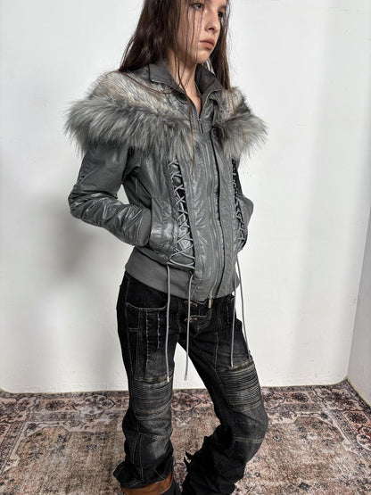 DoublePunch_need_upload Warm Padded Fur Collar Hooded Vintage Cropped Women Polyester Zip Jacket