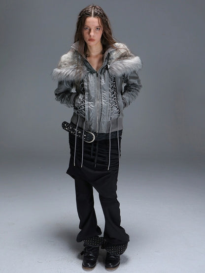 DoublePunch_need_upload Warm Padded Fur Collar Hooded Vintage Cropped Women Polyester Zip Jacket