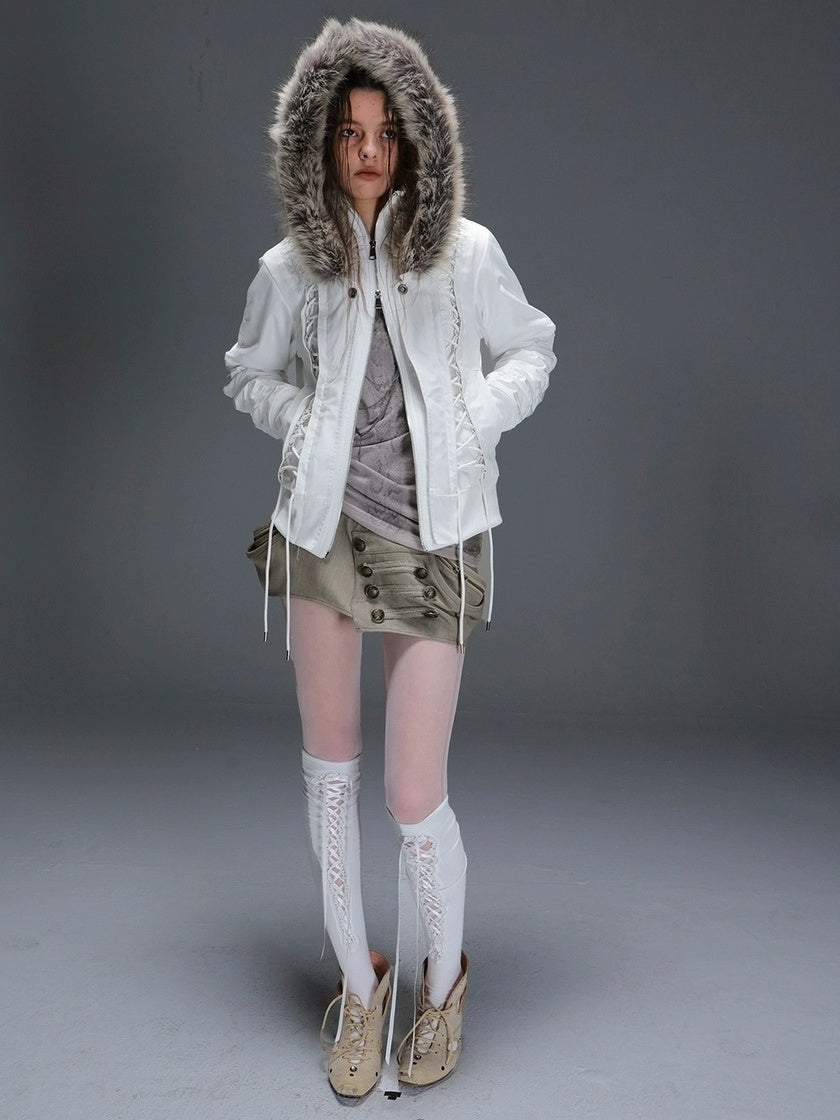 DoublePunch_need_upload Warm Padded Fur Collar Hooded Vintage Cropped Women Polyester Zip Jacket