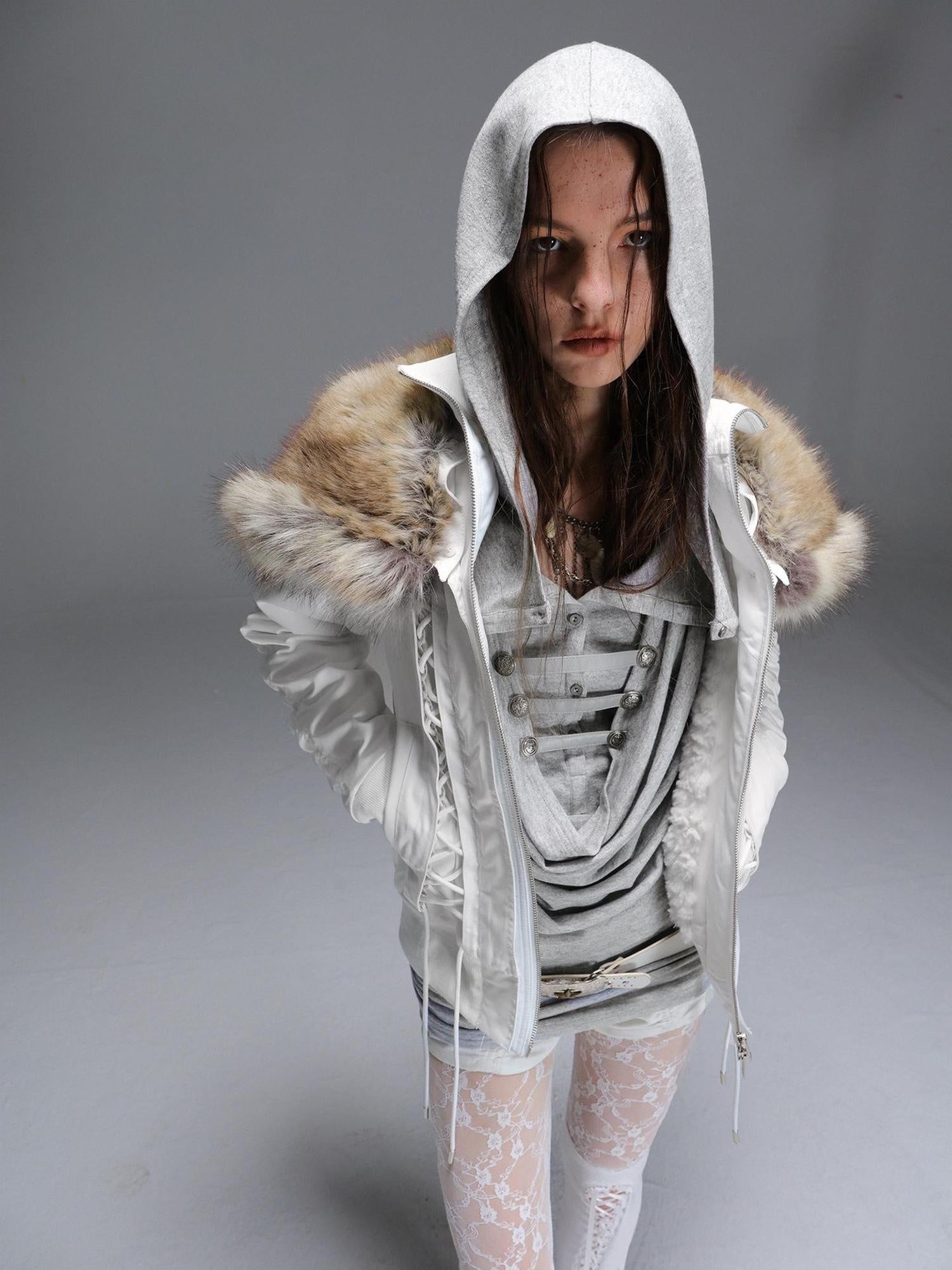 DoublePunch_need_upload Warm Padded Fur Collar Hooded Vintage Cropped Women Polyester Zip Jacket