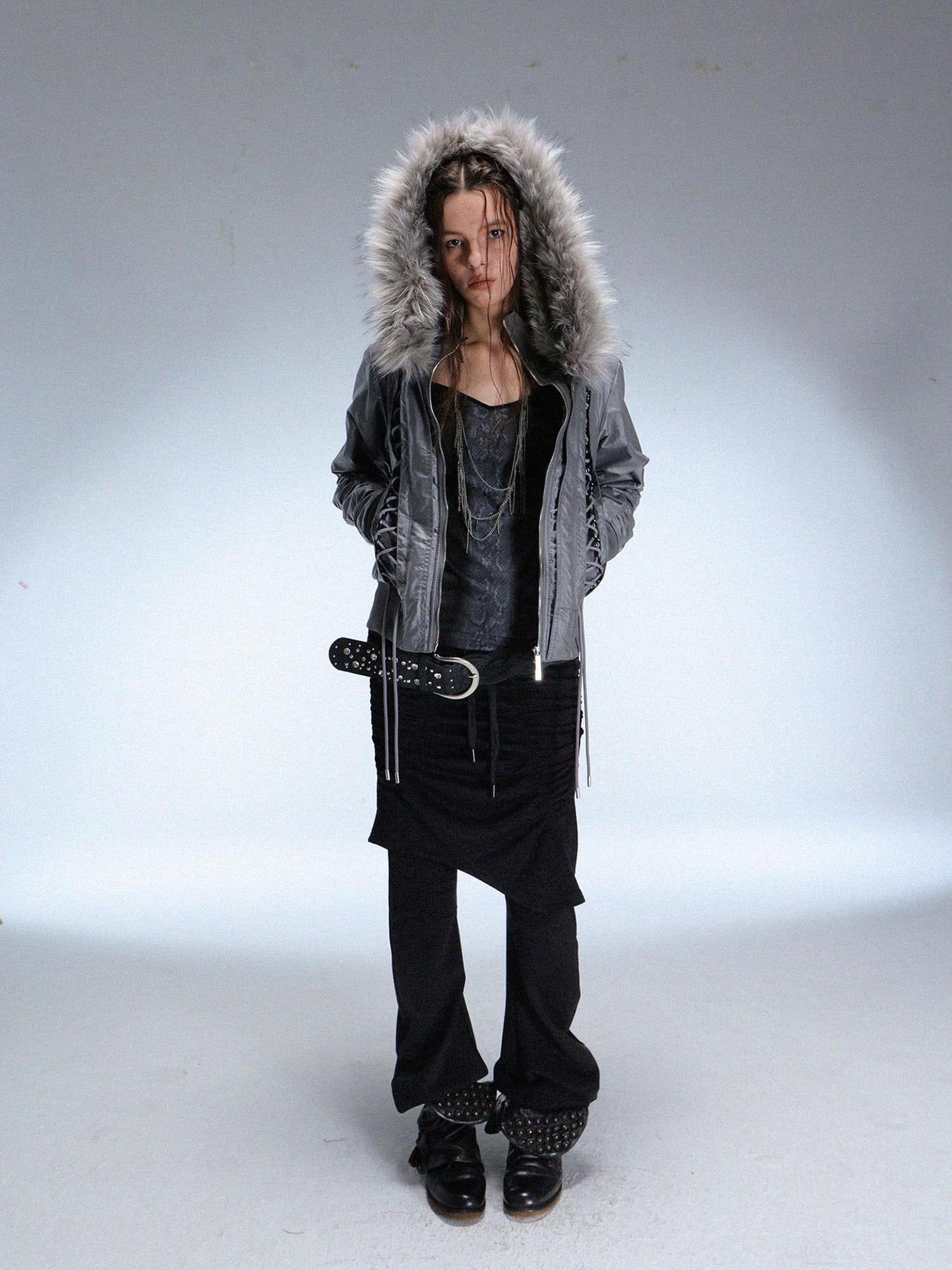 DoublePunch_need_upload Warm Padded Fur Collar Hooded Vintage Cropped Women Polyester Zip Jacket