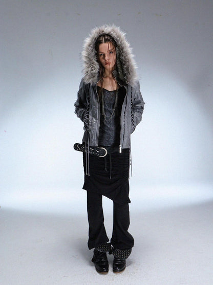 DoublePunch_need_upload Warm Padded Fur Collar Hooded Vintage Cropped Women Polyester Zip Jacket