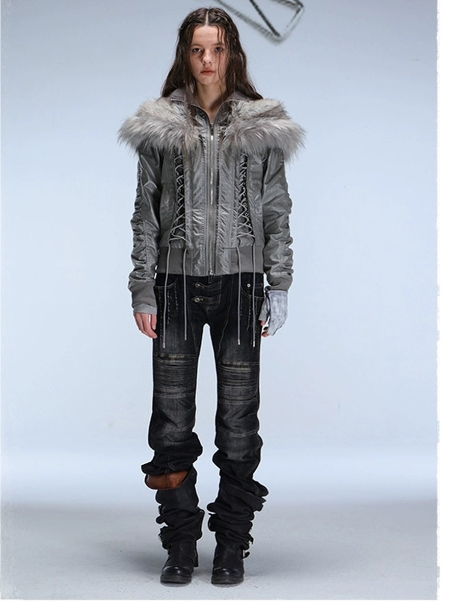 DoublePunch_need_upload Warm Padded Fur Collar Hooded Vintage Cropped Women Polyester Zip Jacket