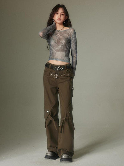 DIDDI MODA Double Belt Utility Cargo Pants Loose Straight Leg Tactical Trousers