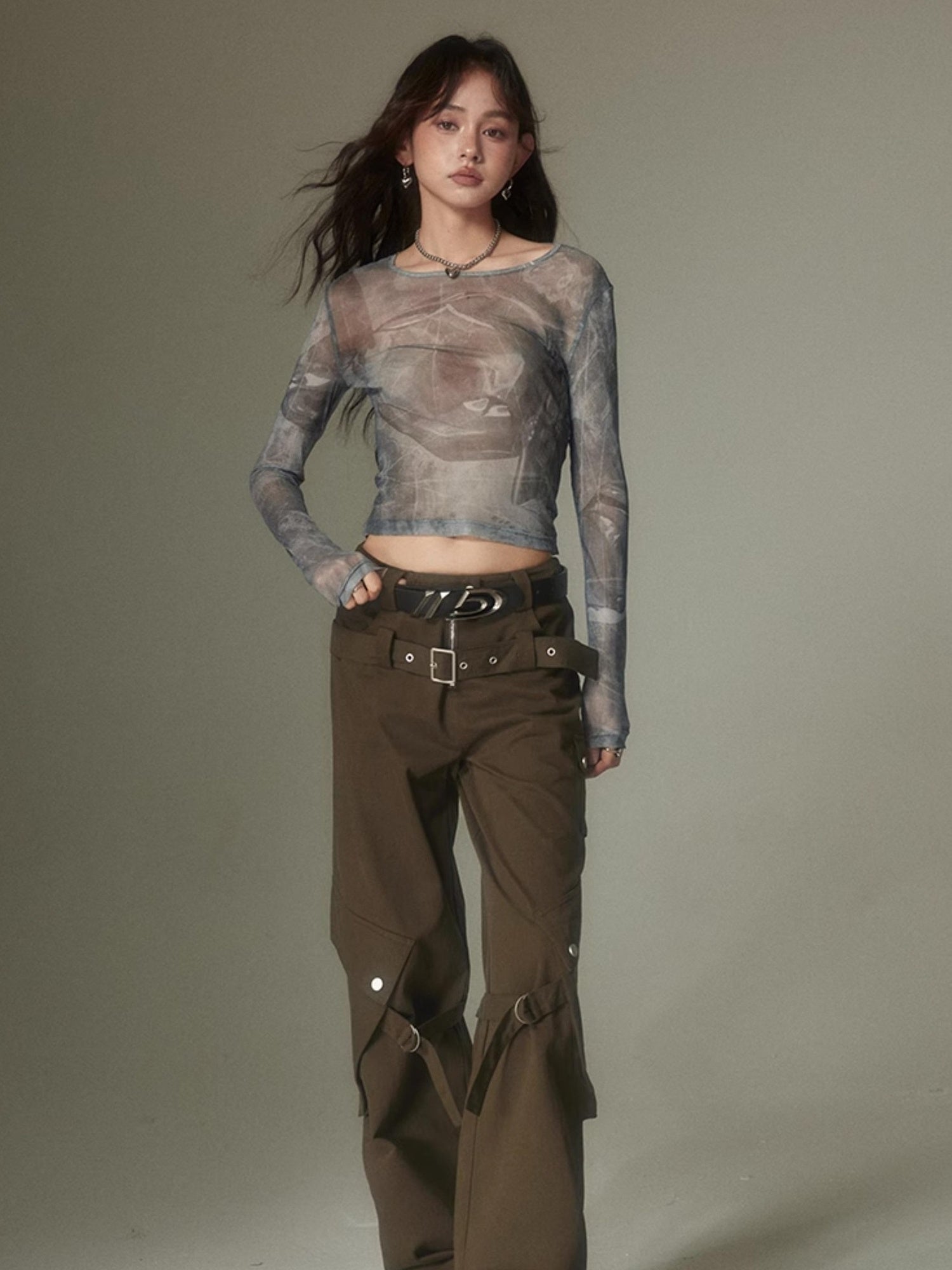 DIDDI MODA Double Belt Utility Cargo Pants Loose Straight Leg Tactical Trousers