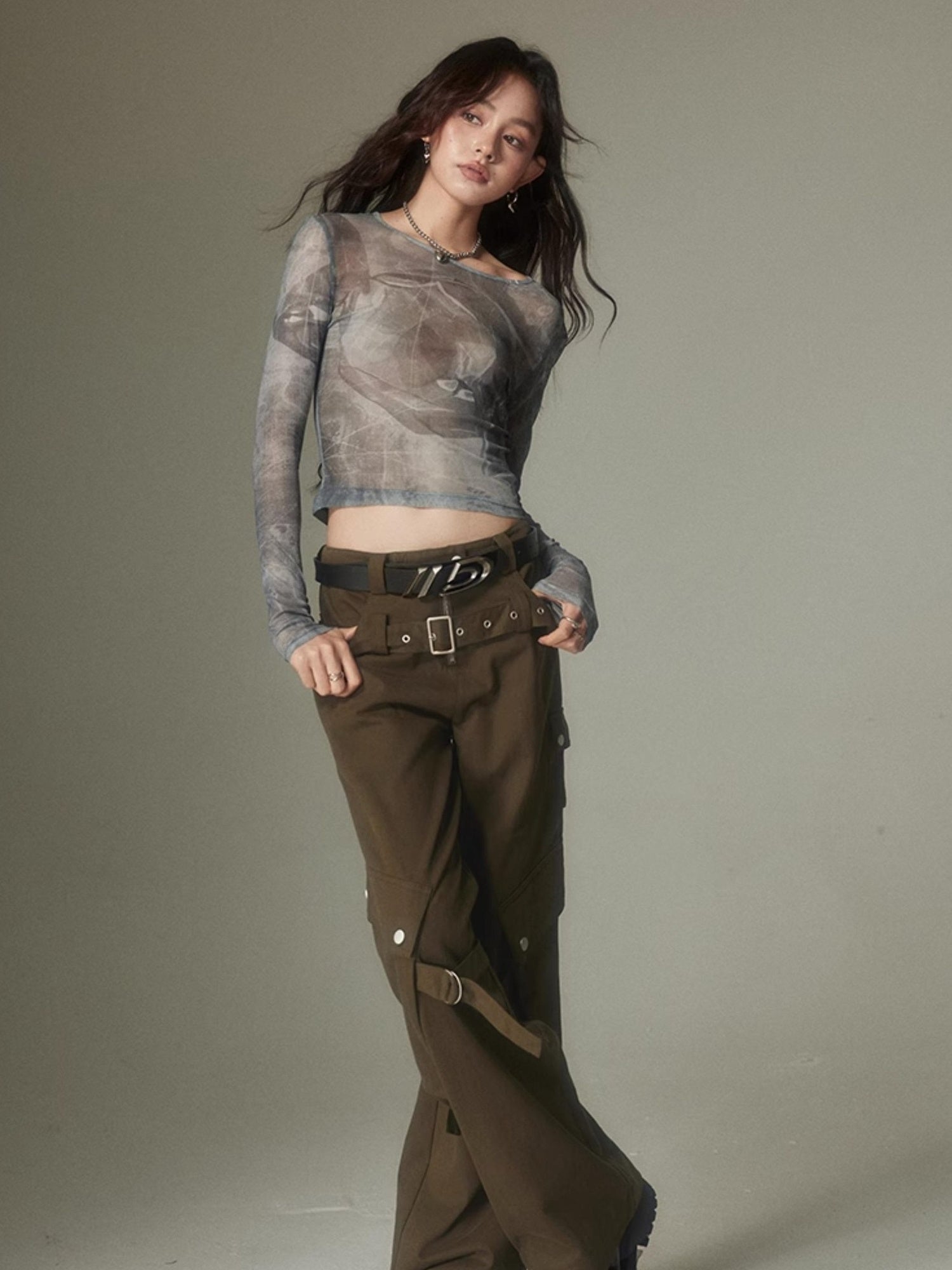 DIDDI MODA Double Belt Utility Cargo Pants Loose Straight Leg Tactical Trousers