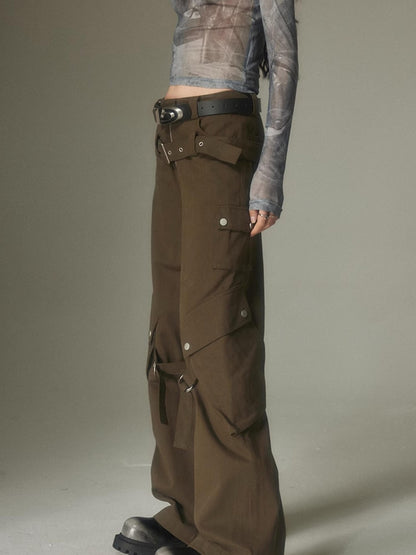 DIDDI MODA Double Belt Utility Cargo Pants Loose Straight Leg Tactical Trousers