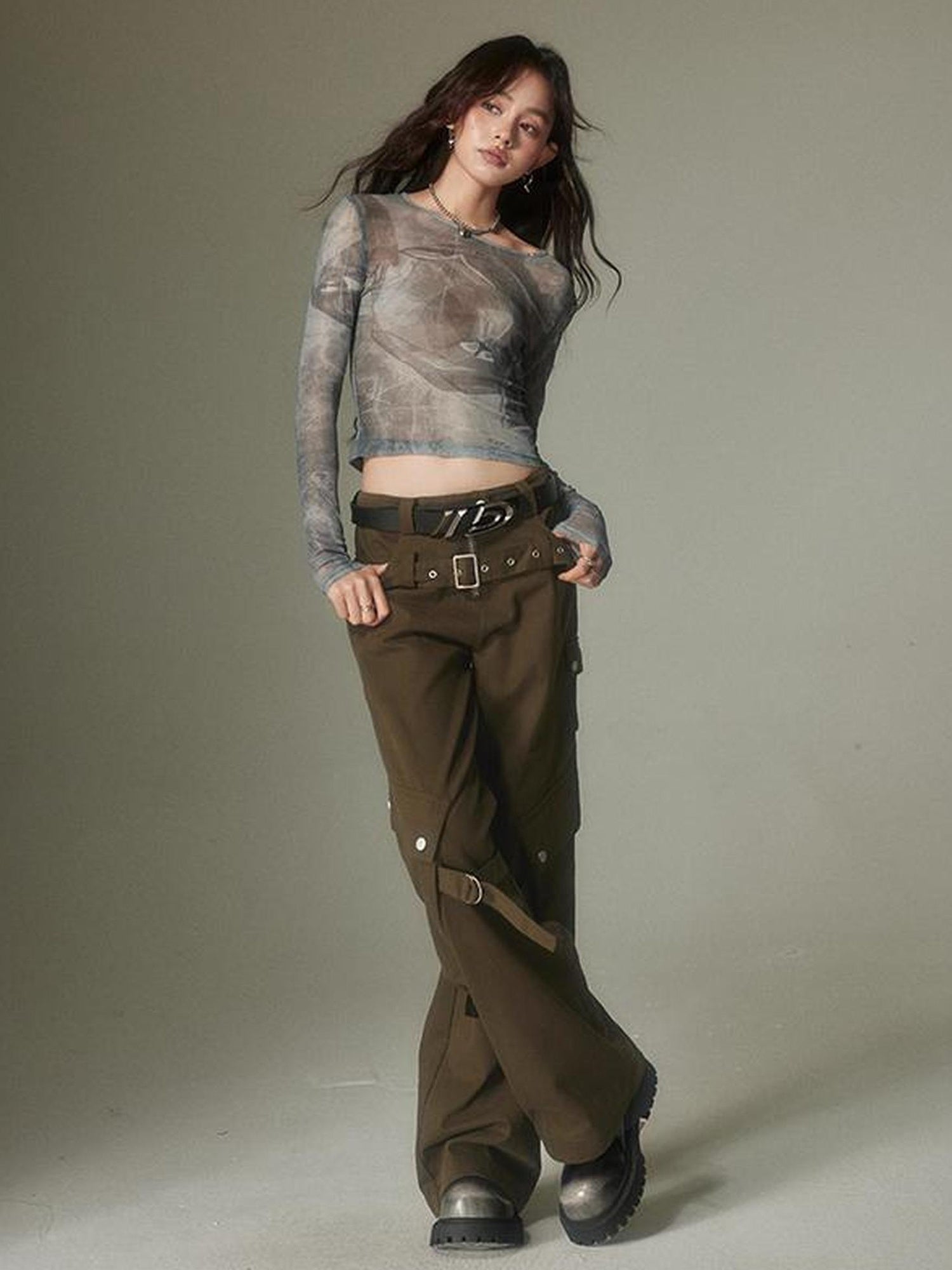 DIDDI MODA Double Belt Utility Cargo Pants Loose Straight Leg Tactical Trousers