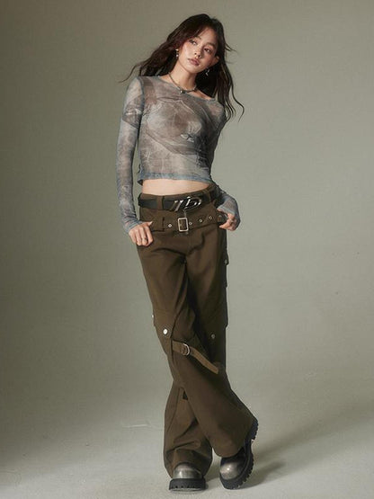 DIDDI MODA Double Belt Utility Cargo Pants Loose Straight Leg Tactical Trousers