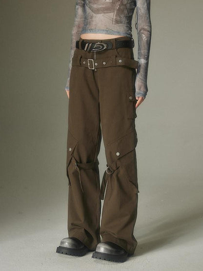 DIDDI MODA Double Belt Utility Cargo Pants Loose Straight Leg Tactical Trousers