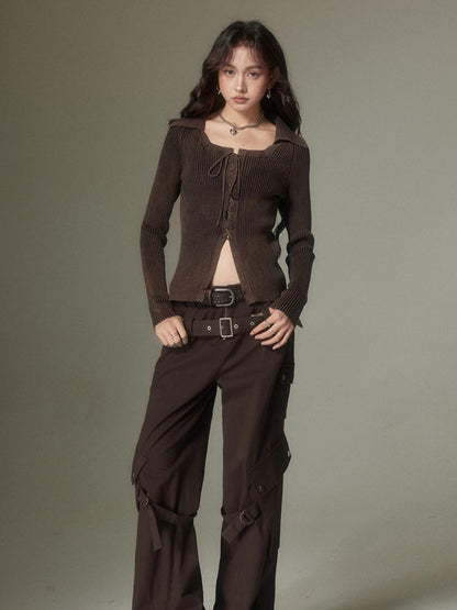 DIDDI MODA Double Belt Utility Cargo Pants Loose Straight Leg Tactical Trousers