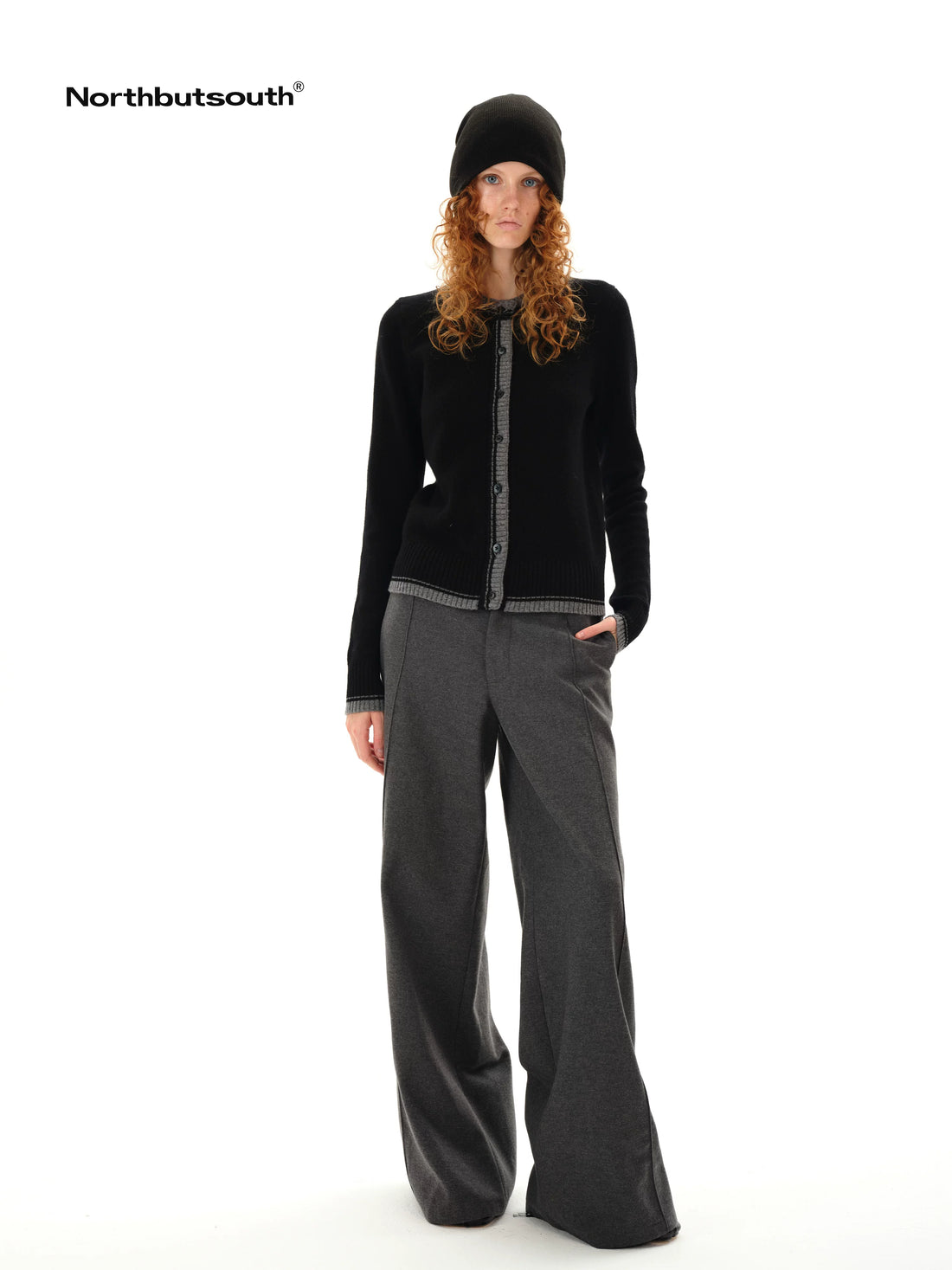 Double Faced Colorblock Wool Cardigan V-neck Long Sleeve