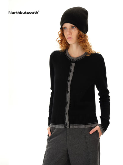 Double Faced Colorblock Wool Cardigan V-neck Long Sleeve