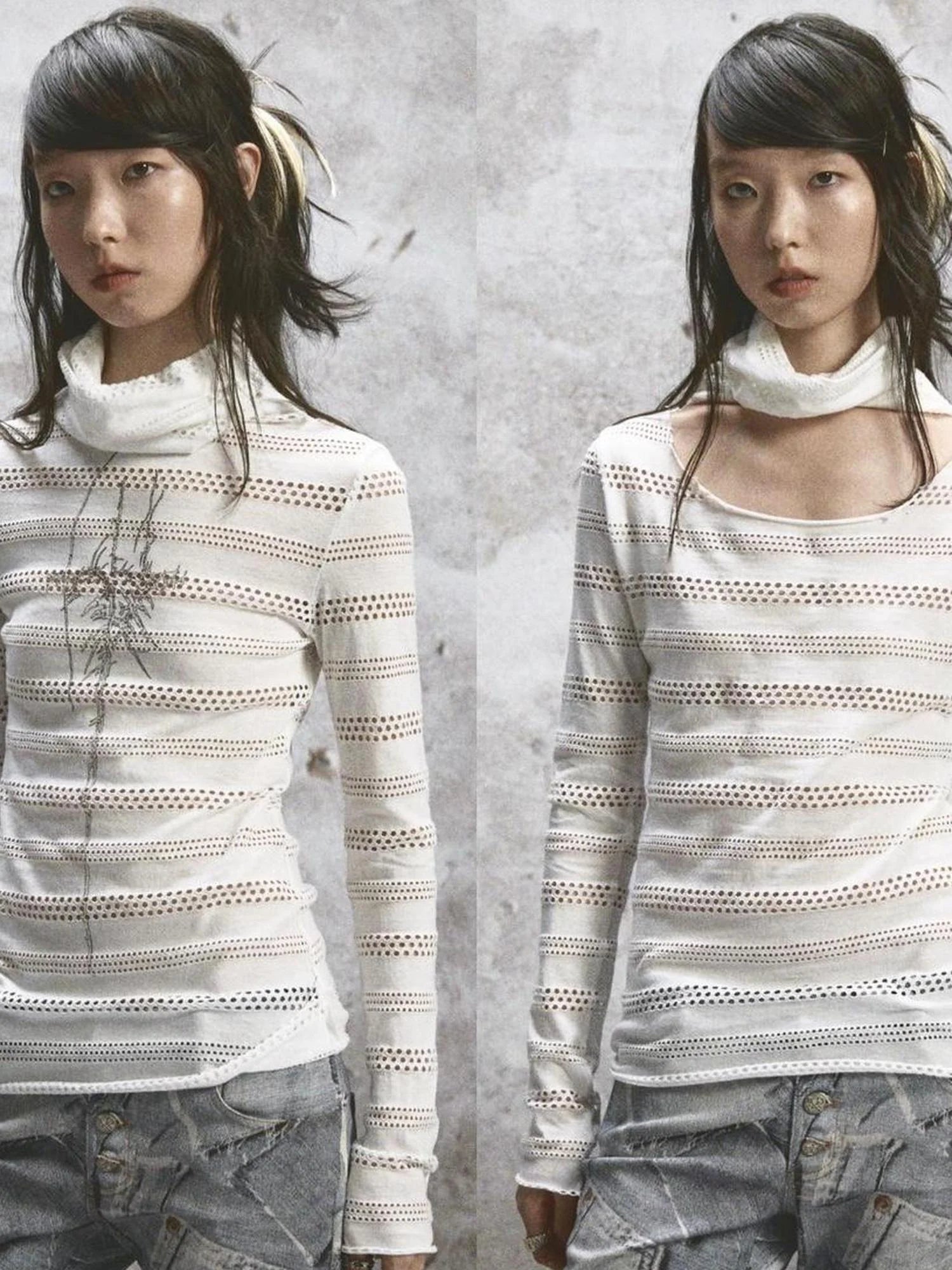 Double Layered Elastic Print Crewneck Long Sleeve Tee