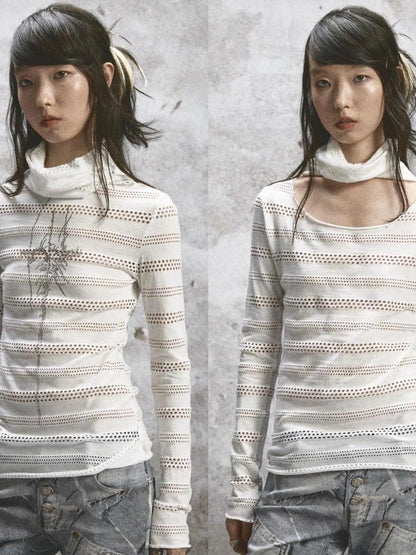 Double Layered Elastic Print Crewneck Long Sleeve Tee