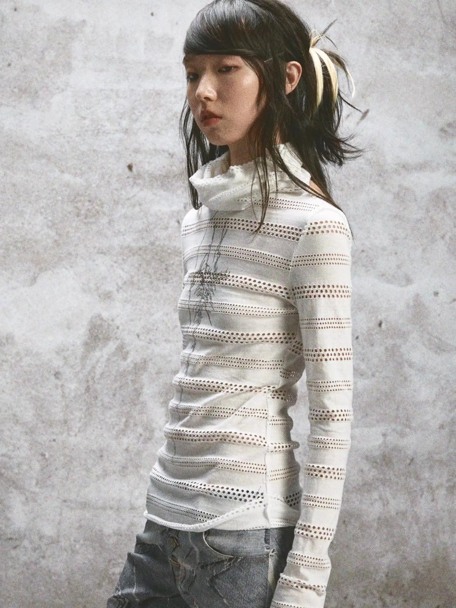 Double Layered Elastic Print Crewneck Long Sleeve Tee