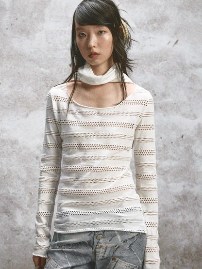 Double Layered Elastic Print Crewneck Long Sleeve Tee