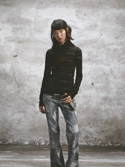 Double Layered Elastic Print Crewneck Long Sleeve Tee