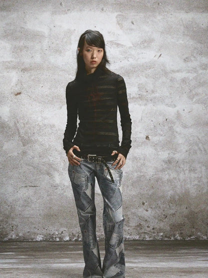 Double Layered Elastic Print Crewneck Long Sleeve Tee