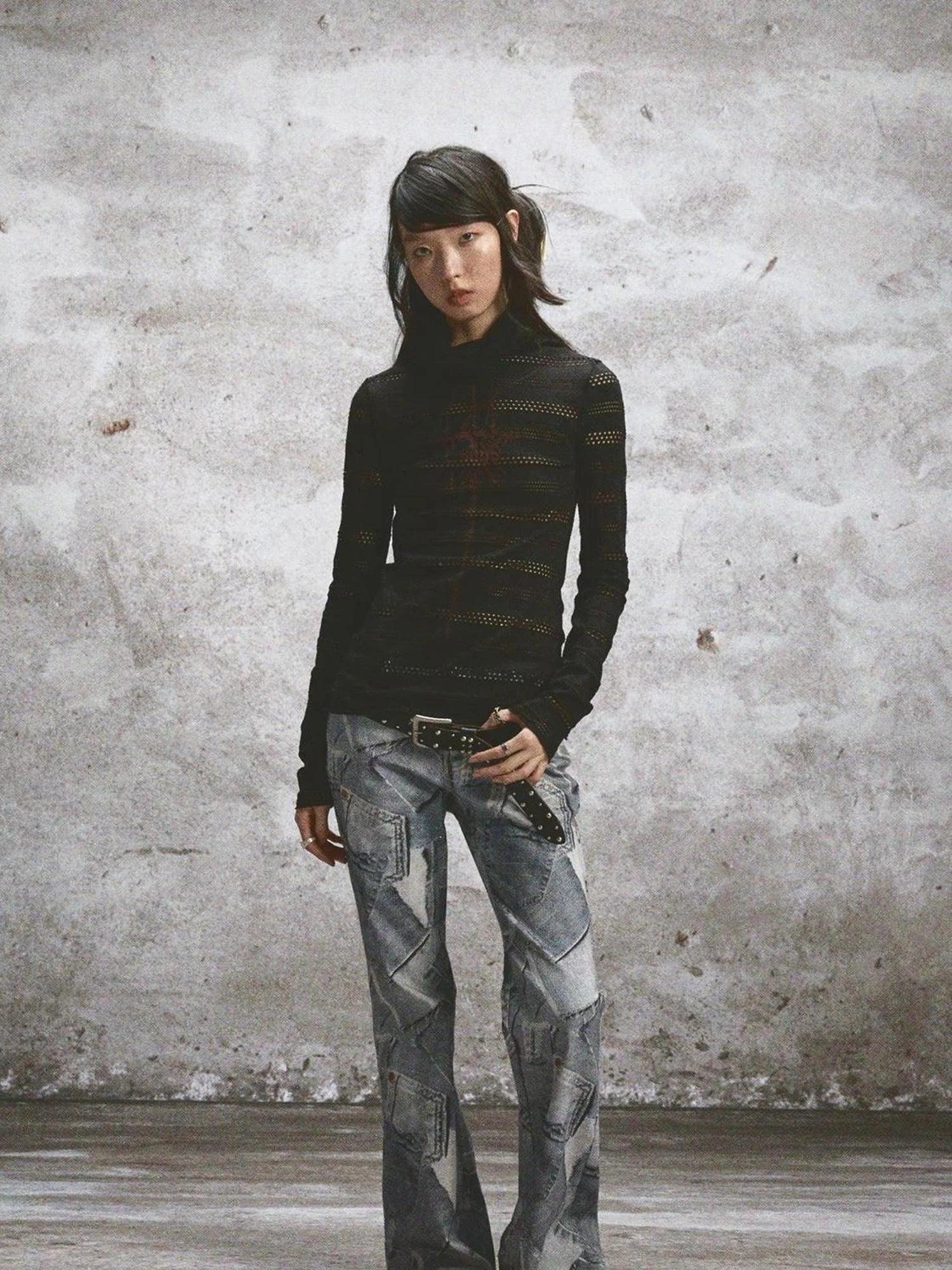 Double Layered Elastic Print Crewneck Long Sleeve Tee