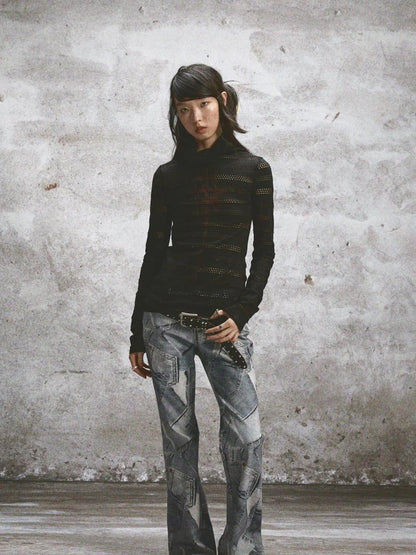 Double Layered Elastic Print Crewneck Long Sleeve Tee