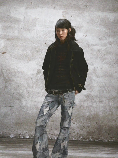 Double Layered Elastic Print Crewneck Long Sleeve Tee