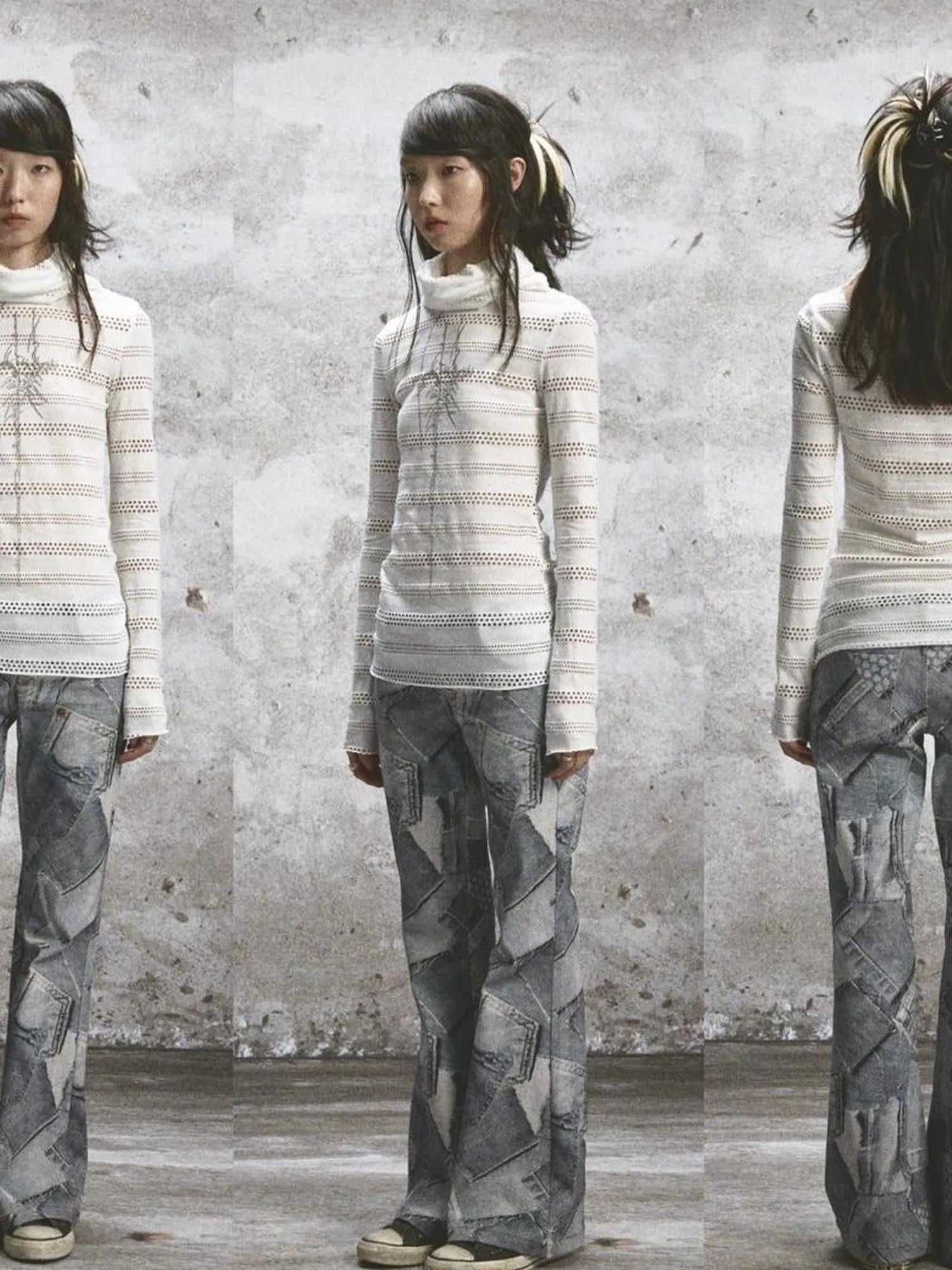 Double Layered Elastic Print Crewneck Long Sleeve Tee