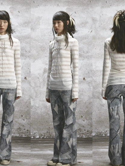 Double Layered Elastic Print Crewneck Long Sleeve Tee