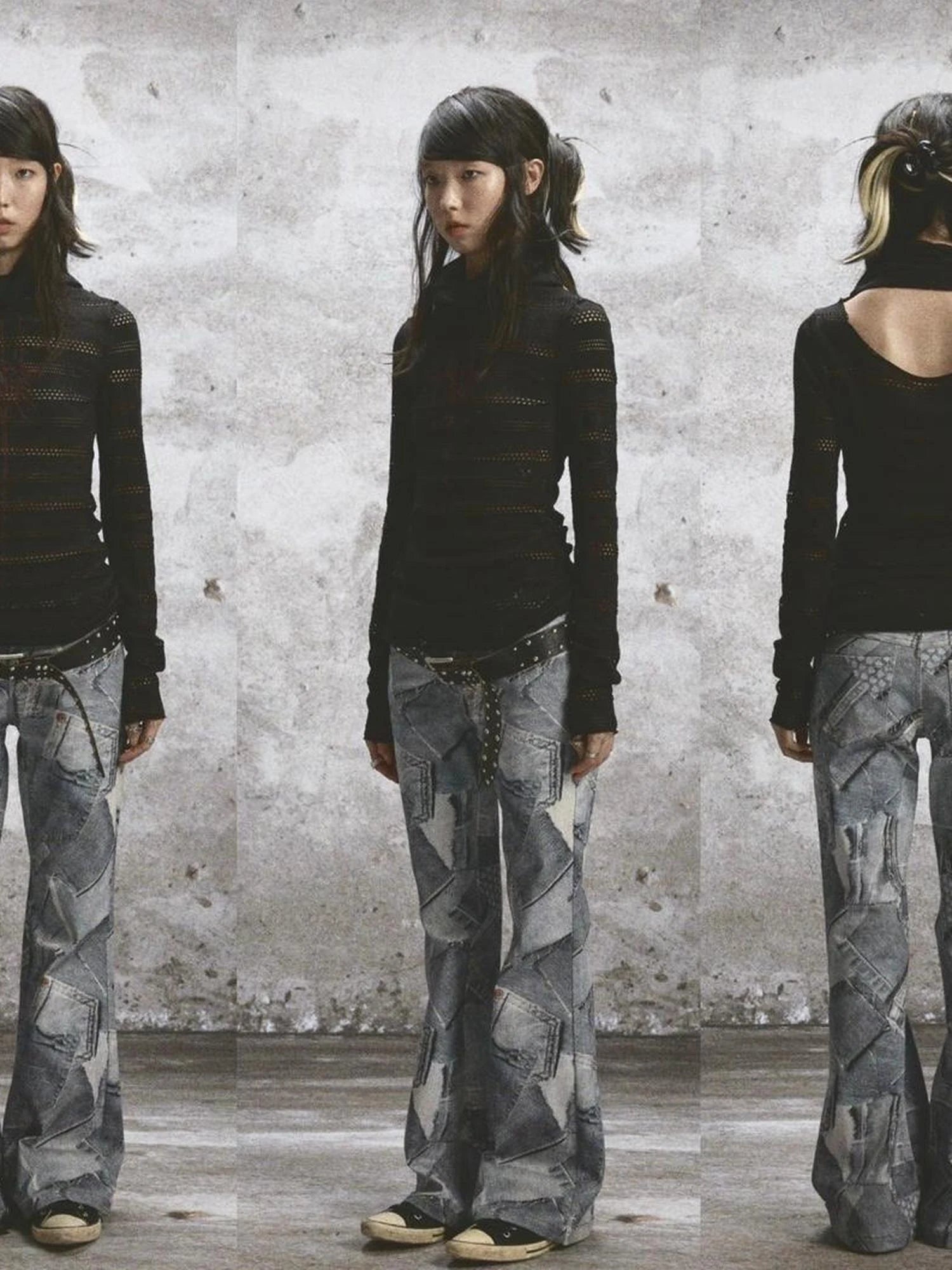 Double Layered Elastic Print Crewneck Long Sleeve Tee