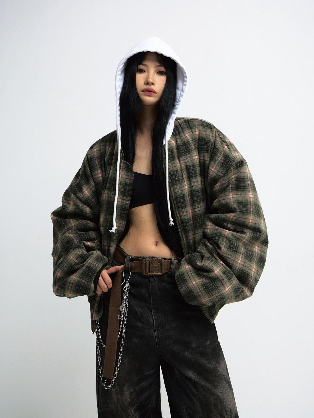 PEOPLESENSE Double Sided Checkered Detachable Hooded Padded Coat