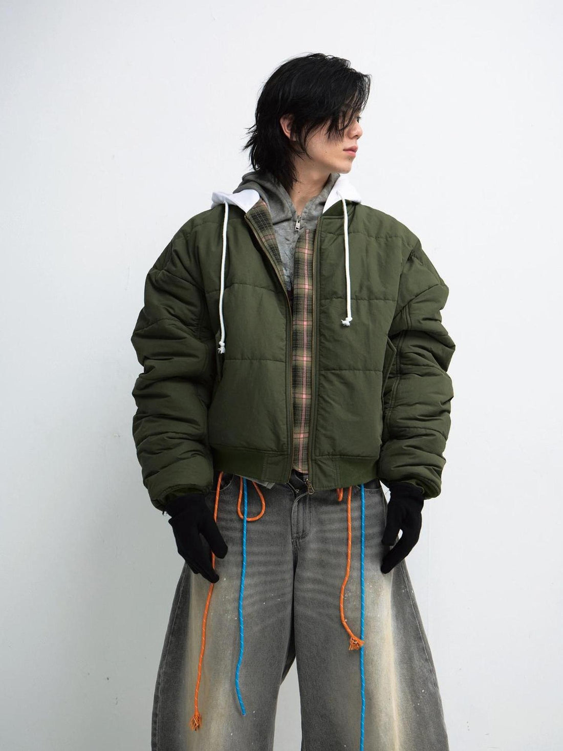 PEOPLESENSE Double Sided Checkered Detachable Hooded Padded Coat