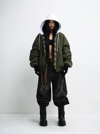 PEOPLESENSE Double Sided Checkered Detachable Hooded Padded Coat