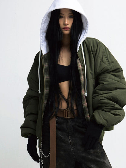PEOPLESENSE Double Sided Checkered Detachable Hooded Padded Coat