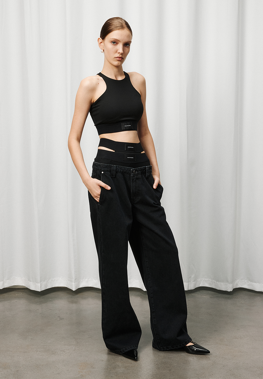 Double Waistband Faux Two-Piece Jeans