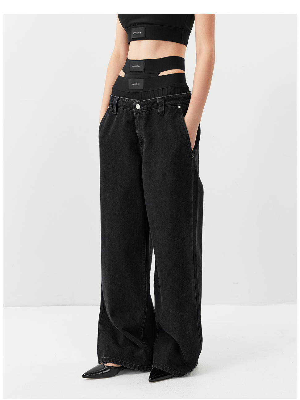 Double Waistband Faux Two-Piece Jeans