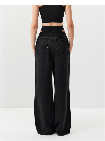 Double Waistband Faux Two-Piece Jeans