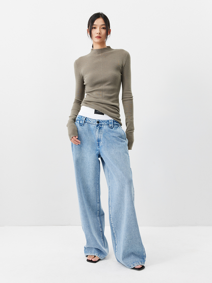 Double Waistband Faux Two-Piece Jeans