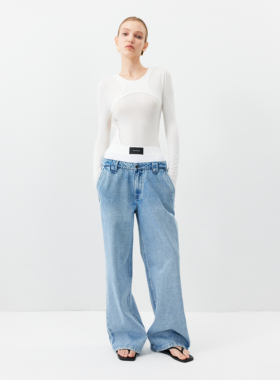 Double Waistband Faux Two-Piece Jeans