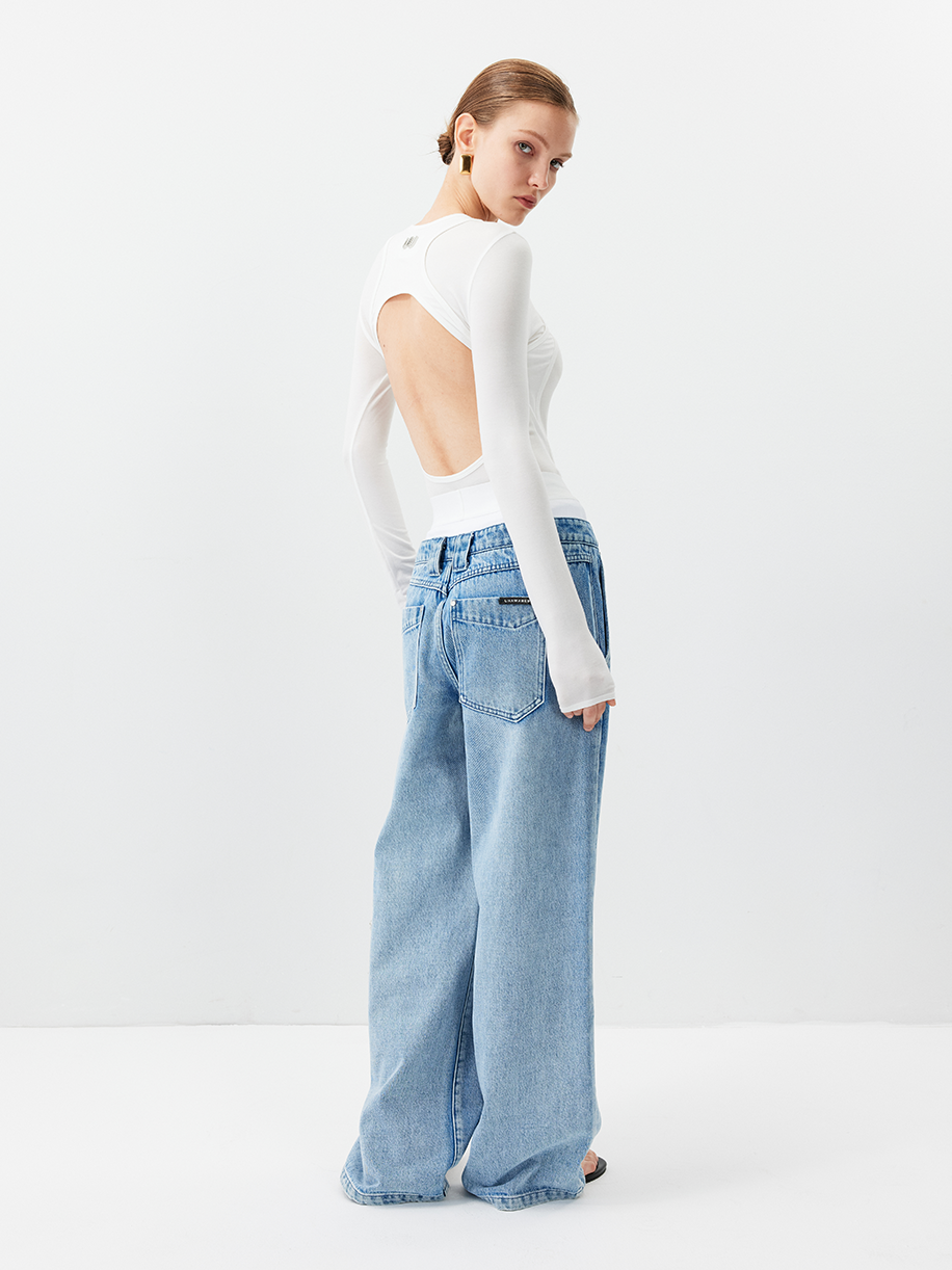 Double Waistband Faux Two-Piece Jeans