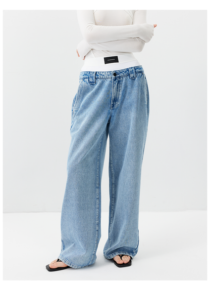 Double Waistband Faux Two-Piece Jeans