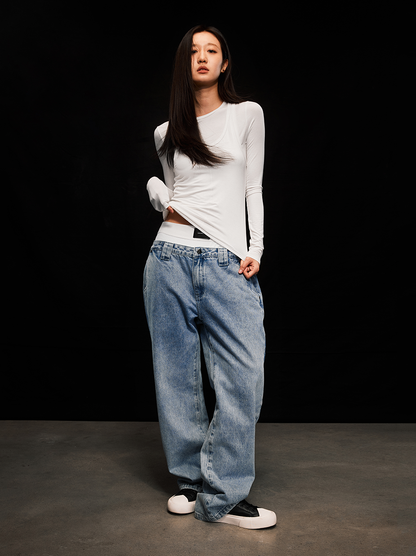 Double Waistband Faux Two-Piece Jeans