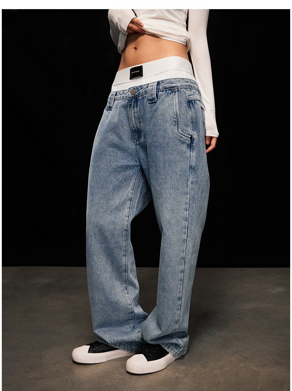 Double Waistband Faux Two-Piece Jeans