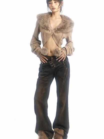 Flowers birds Market Double Waistband Retro Flared Cotton Washed Denim Straight Trousers